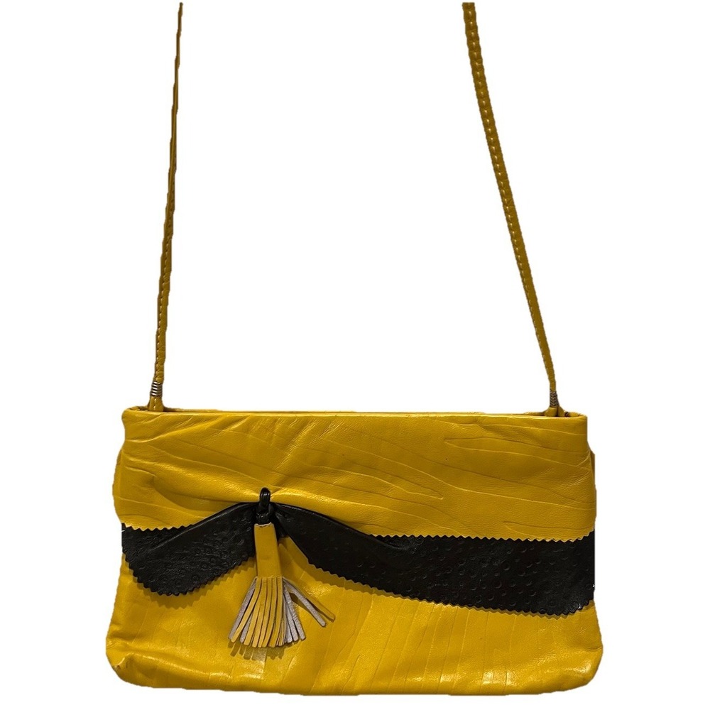 Vtg 80's Leather Shoulder Bag Clutch Hinged Yellow Black Tassel Party Club Retro - Picture 2 of 9